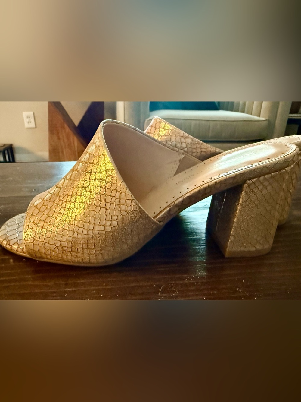 Adrienne Vittadini Metallic Gold Snake-Embossed Block Heel Mules